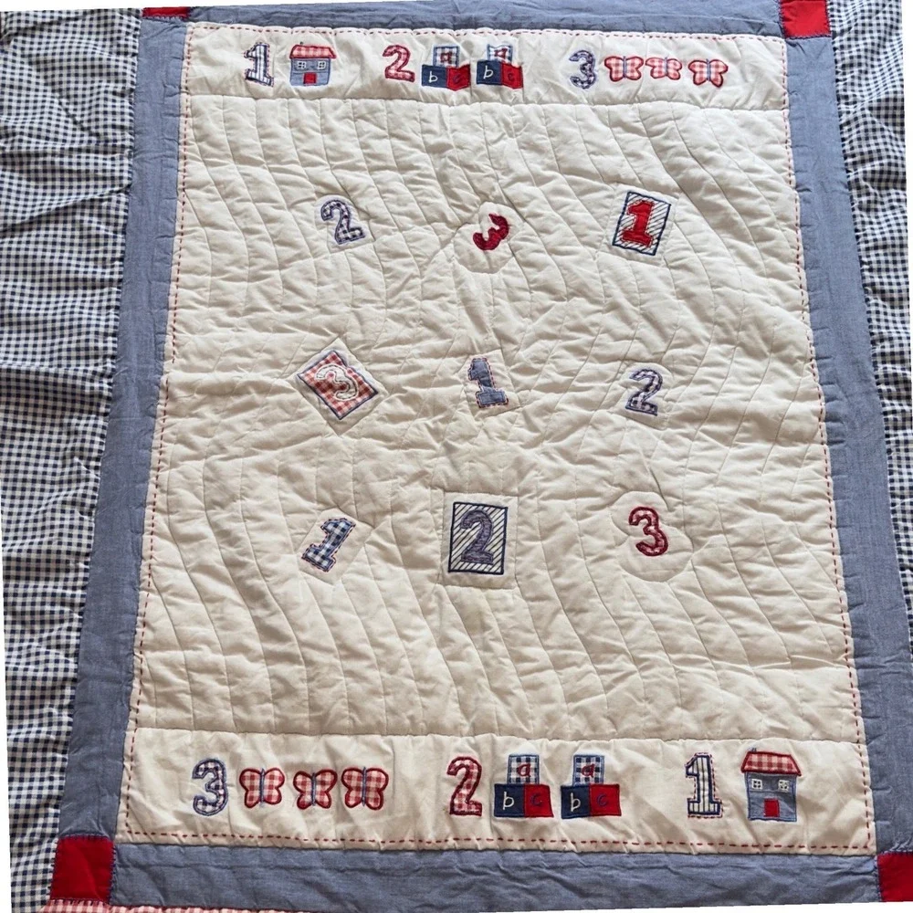 Marks & Spencer Baby Quilt Gingham Patchwork Embroidered Numbers Blue Red 46x38